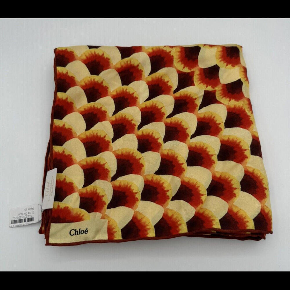 Chloe Scallops Print Silk Scarf Square Geometric Orange Red 90x90 cm